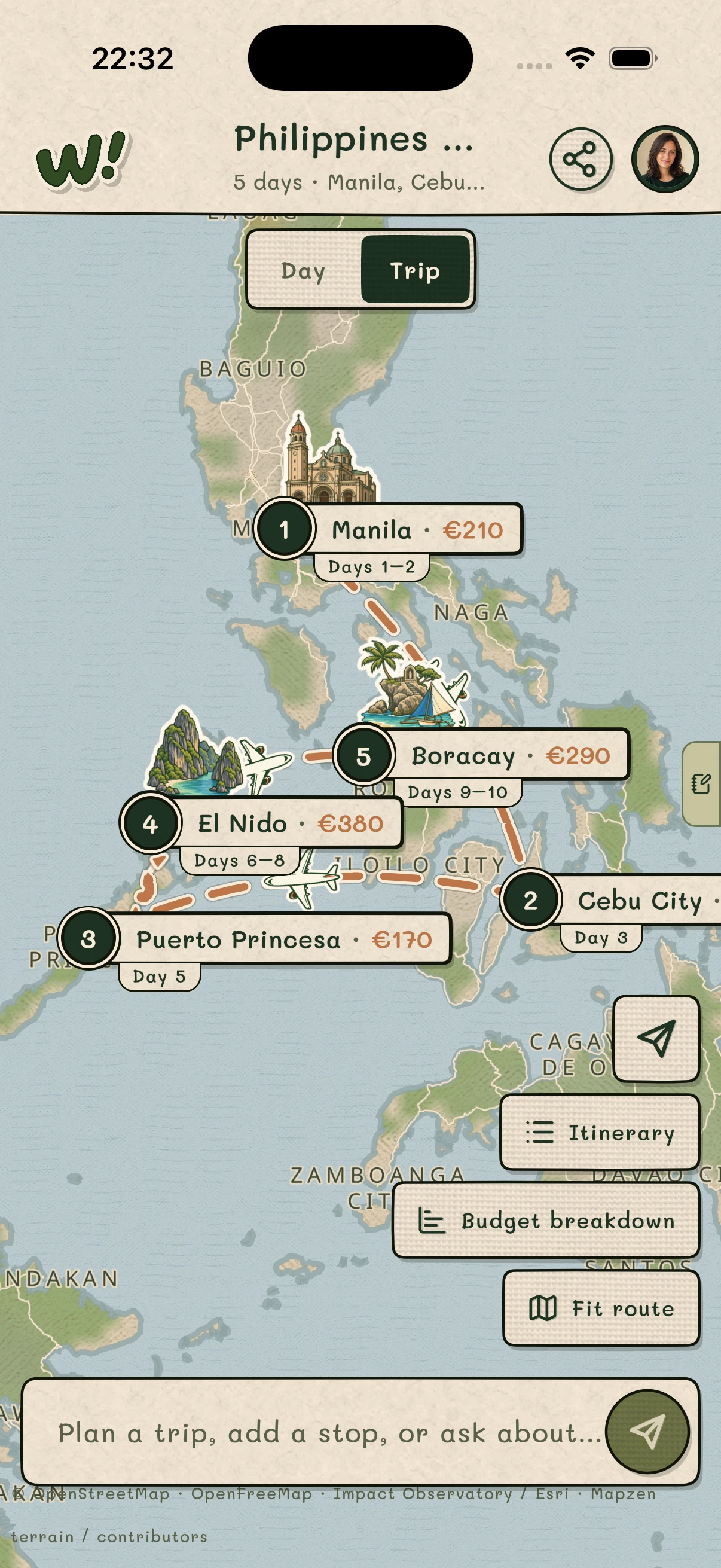 Working Wheee! mobile app showing a multi-stop Philippines itinerary across Manila, Cebu, Palawan, El Nido, and Boracay